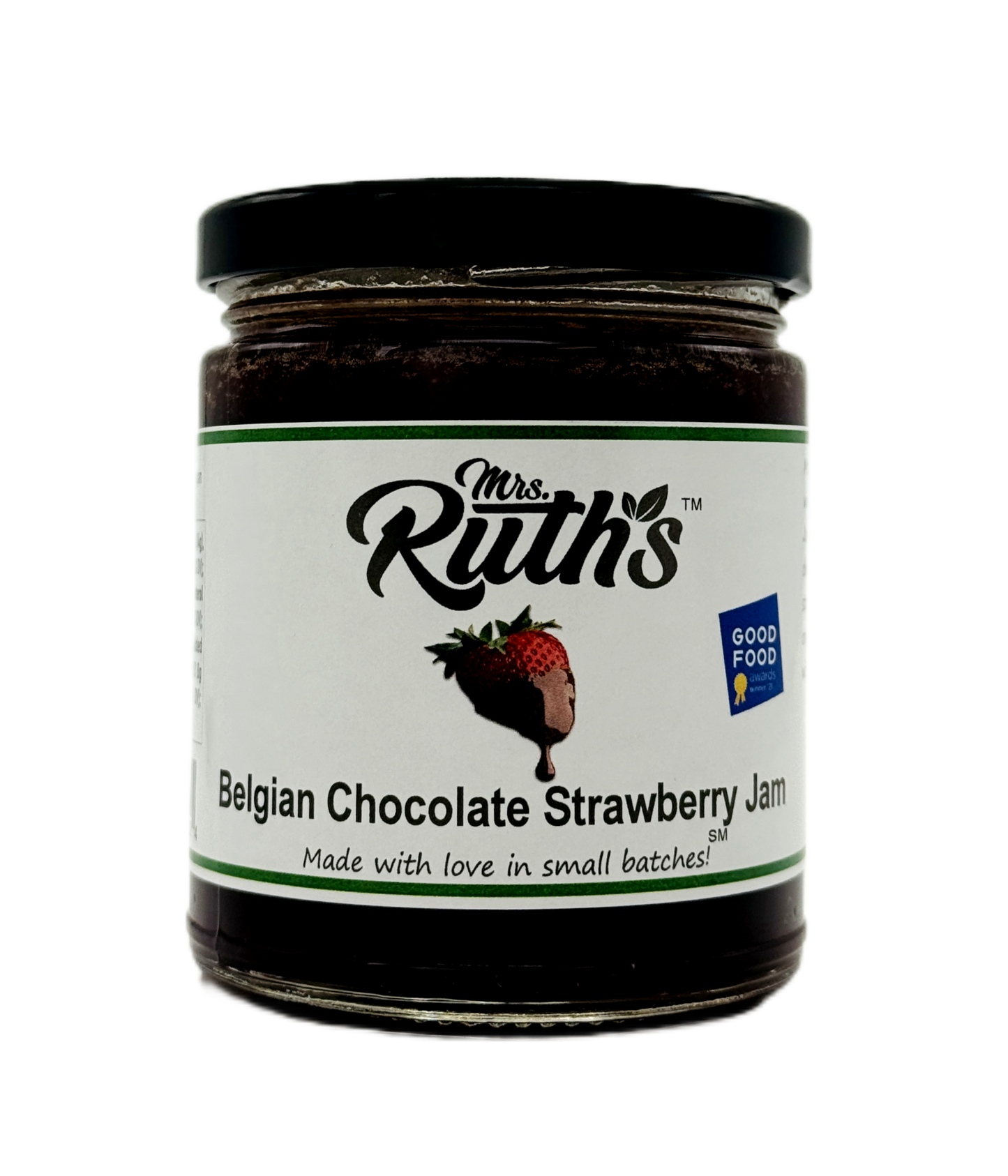 Jar of Mrs. Ruth's Belgian Chocolate Strawberry Jam on a white background