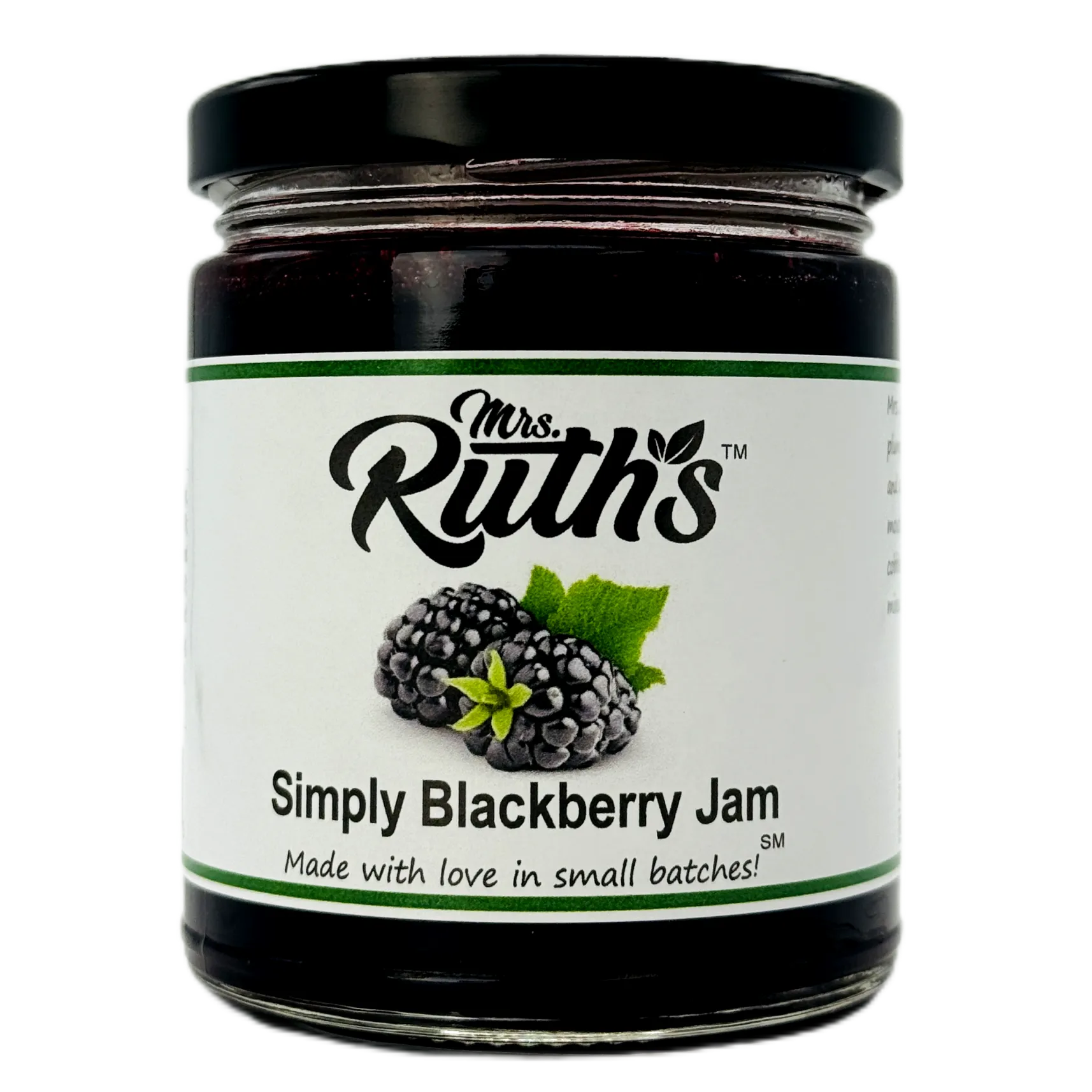 A glass jar of Mrs. Ruth's Simply Blackberry Jam with a black lid and a white label featuring blackberry graphics, on a white background.