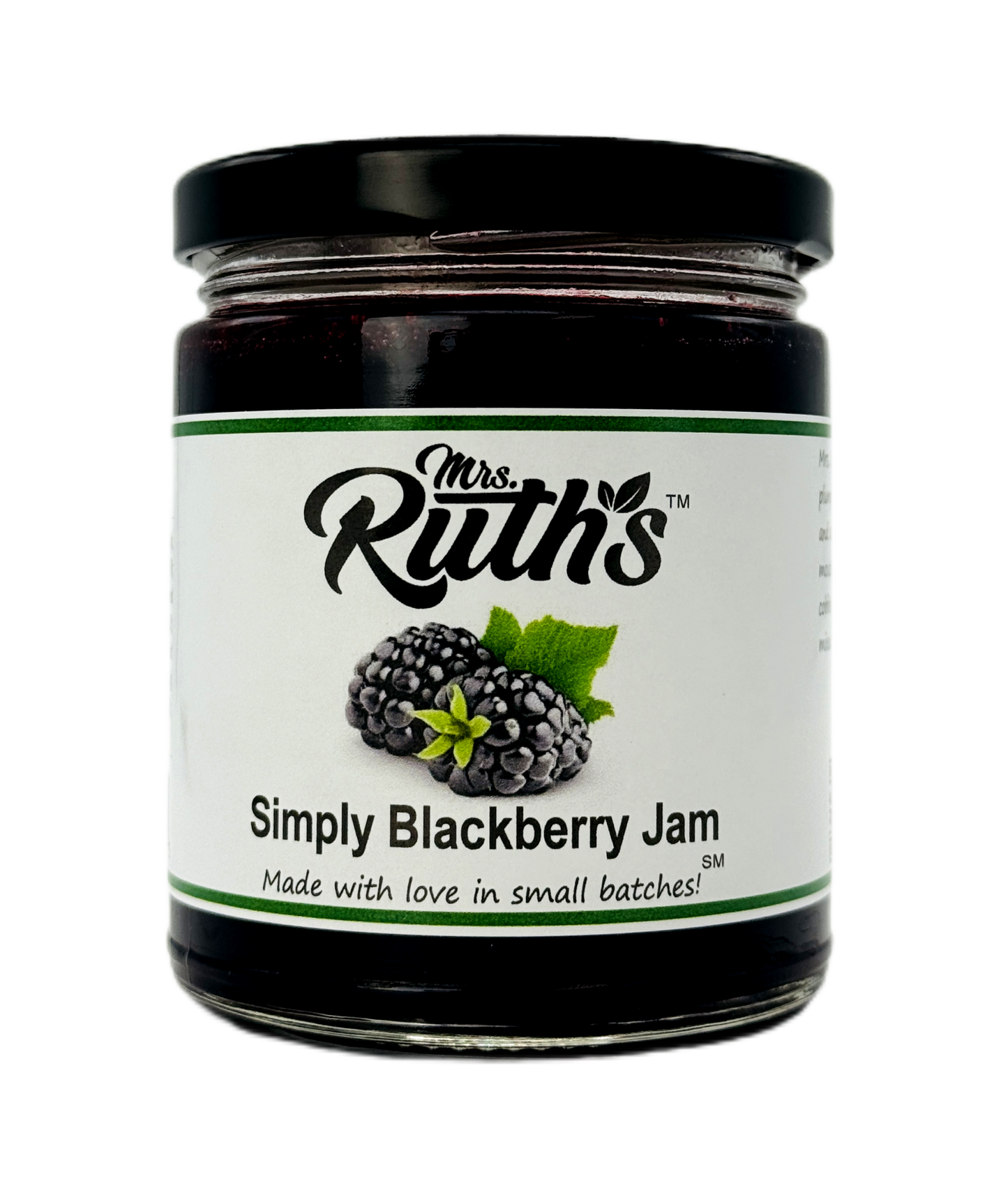 Jar of Mrs. Ruth's Simply Blackberry Jam on a white background