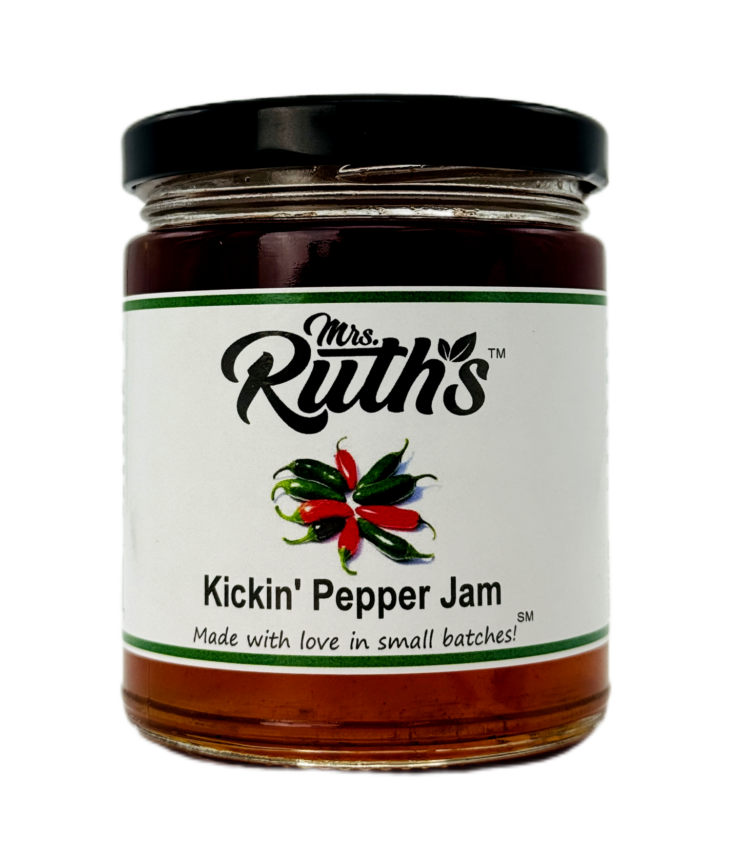 Jar of Mrs. Ruth's Kickin' Pepper Jam on a white background