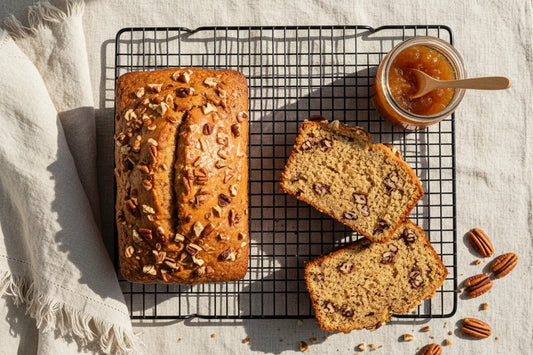two loaves of bread with a jar of jam with linen napkin