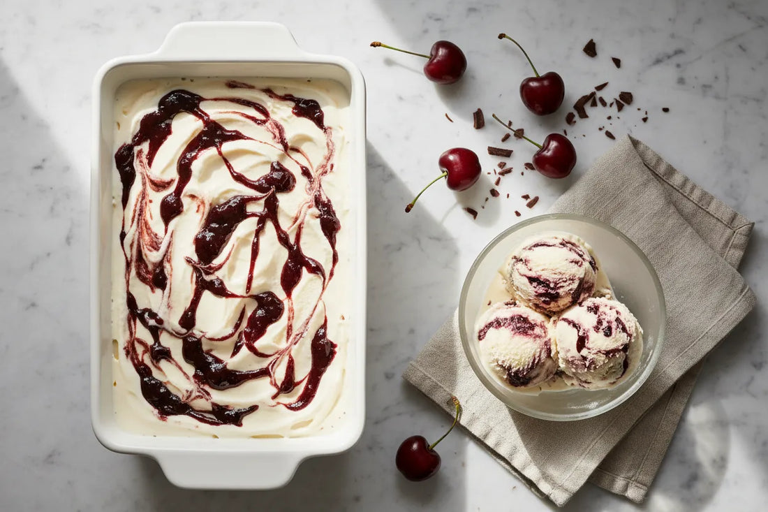 Ice cream with chocolate cherry jam swirls
