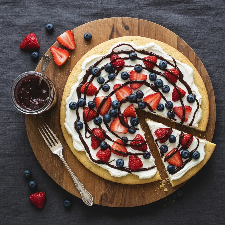 A fruit and cookie pizza with Mrs. Ruth's Belgian Chocolate Strawberry Jam