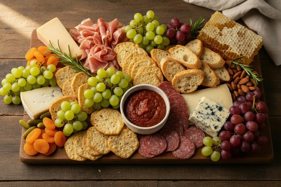 Rustic charcuterie board with a ramekin of Mrs. Ruth's Roasted Tomato Chutney, aged cheddar, manchego, prosciutto, salami, seeded crackers, sourdough crostini, fresh grapes, cornichons, and marcona almonds on a wooden board