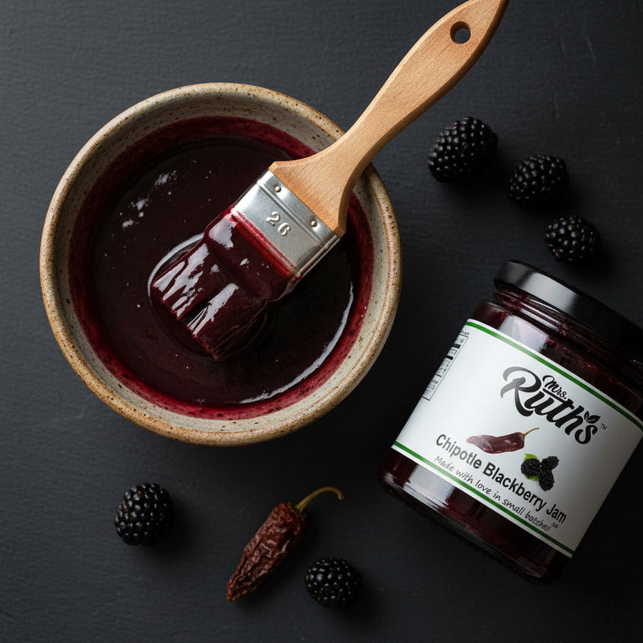 Mrs. Ruth's Chipotle Blackberry BBQ Sauce in a bowl with a bbq brush on top