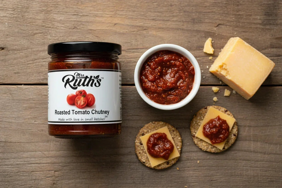 Flat lay of Mrs. Ruth's Roasted Tomato Chutney jar next to a ramekin of chunky red chutney, aged cheddar wedge, and seeded crackers topped with cheddar and chutney on a rustic wooden surface