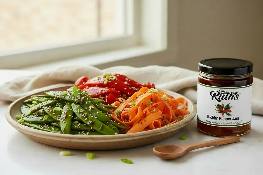 A platter of bright green sugar snap peas glazed with Mrs. Ruth's Kickin' Pepper Jam, roasted red bell peppers, and shaved carrots arranged in separate sections, garnished with sesame seeds and scallions, with a jar of Kickin' Pepper Jam alongside