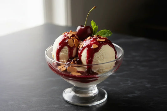Two scoops of vanilla ice cream in a glass sundae dish topped with warm Mrs. Ruth's Belgian Chocolate Cherry Jam sauce, toasted almonds, flaky sea salt, and a single fresh cherry, on a dark slate surface