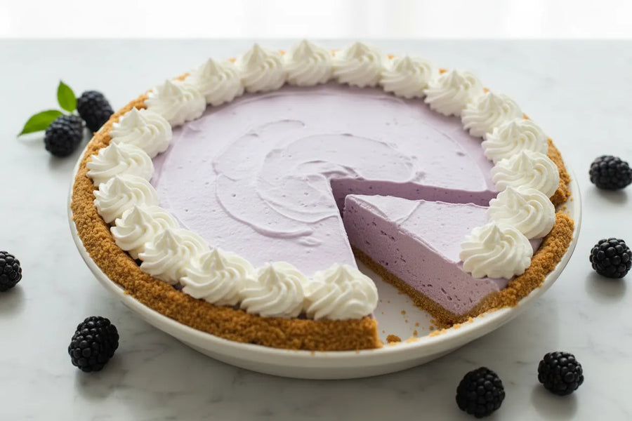 A sliced Mrs. Ruth's Blackberry Frozen Yogurt Pie with a golden Ritz cracker crust and smooth lavender-purple blackberry yogurt filling, topped with whipped cream dollops and three fresh blackberries, on a white marble surface