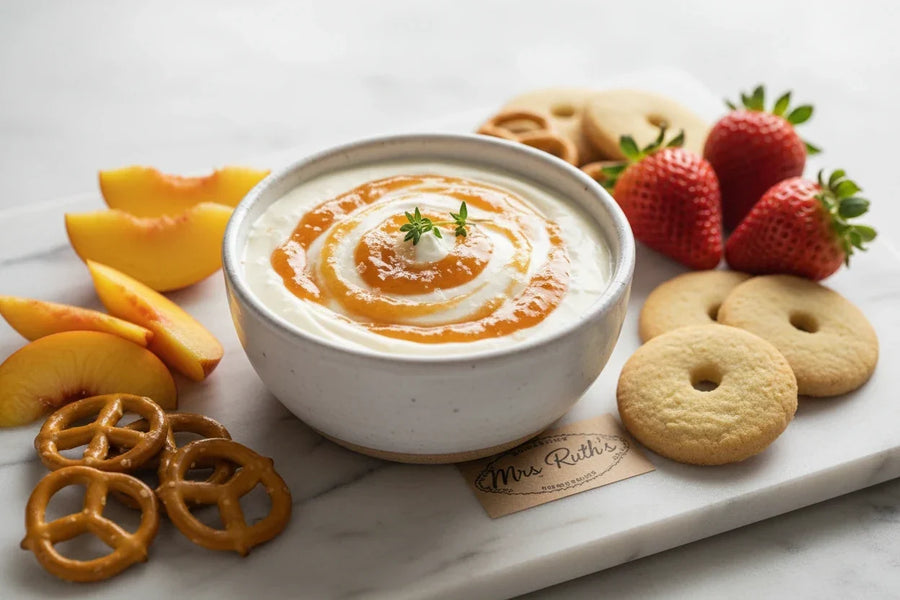 Mrs. Ruth's Jam Creme Fraiche Dip with sliced peaches, strawberries, pretzels, and a few cookies