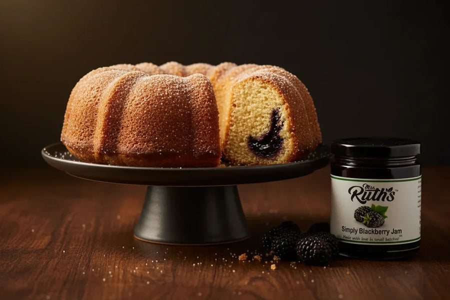 A golden cinnamon-sugar dusted Bundt cake on a dark ceramic stand with one slice pulled away to reveal a hidden pocket of Mrs. Ruth's Simply Blackberry Jam in the center, with a jar of Simply Blackberry Jam placed alongside
