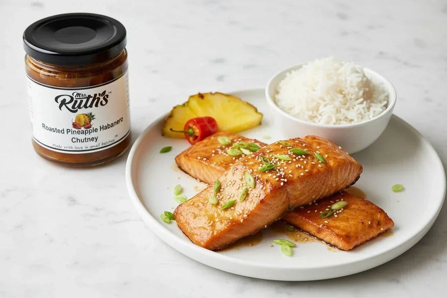Two lacquered salmon fillets with a caramelized Mrs. Ruth's Roasted Pineapple Habanero Chutney glaze, topped with sliced scallions and sesame seeds, served alongside steamed jasmine rice with fresh pineapple and the chutney jar on a white marble surface