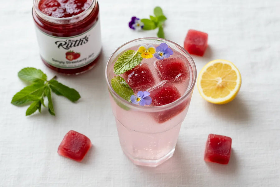 Overhead flat lay of a glass of sparkling water with ruby red Mrs. Ruth's Strawberry Jam ice cubes melting into the drink, garnished with mint and edible flowers, with a jar of Simply Strawberry Jam and lemon slice alongside on white linen
