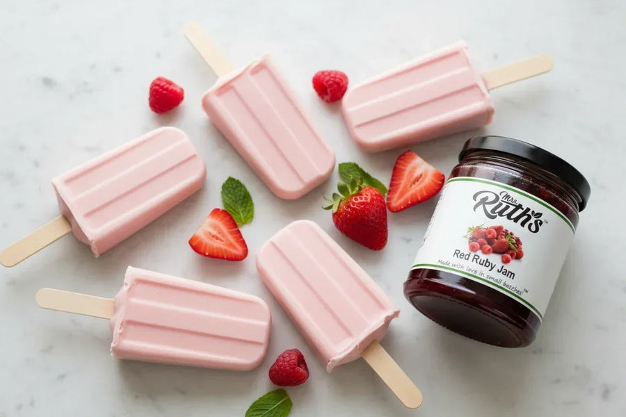 Creamy blush pink Mrs. Ruth's Jam Popsicles scattered casually on a white marble surface with fresh raspberries, strawberries, and mint leaves, alongside a jar of Mrs. Ruth's Red Ruby Jam