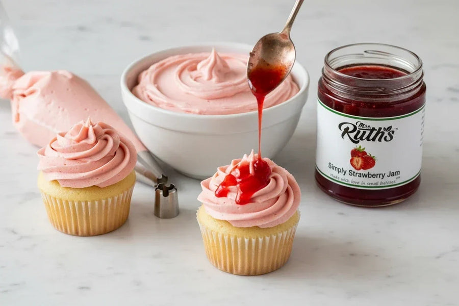 Mrs. Ruth's Jam Whipped Buttercream in a bowl with a jar of jam and iced cupcakes