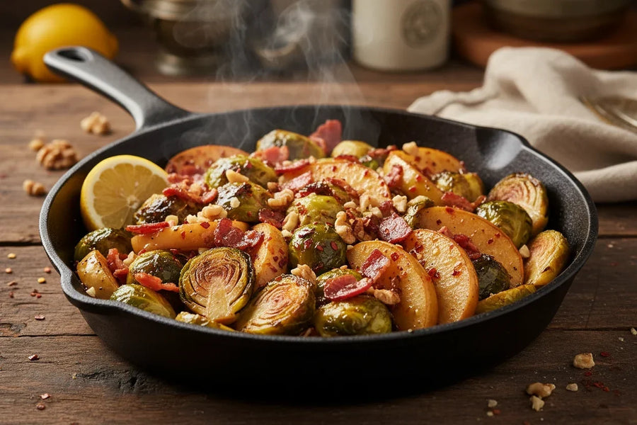 Cast iron skillet of caramelized Brussels sprouts and apple slices tossed in Mrs. Ruth's Kickin' Pepper Jam glaze with walnuts, bacon crumbles, and red pepper flakes