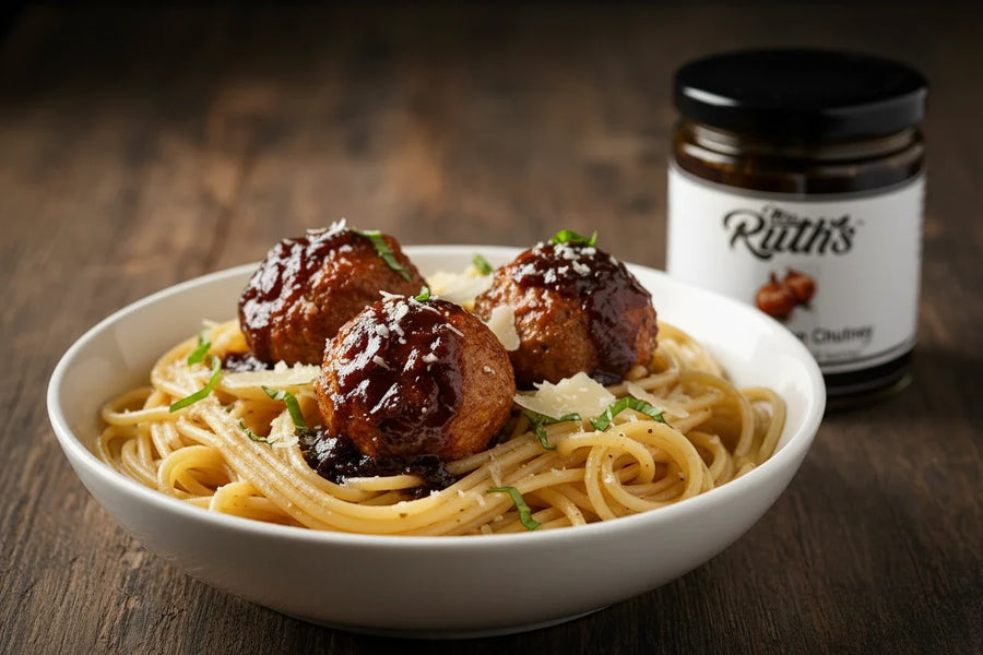 Mrs. Ruth’s Meatballs with Roasted Balsamic Onion Chutney