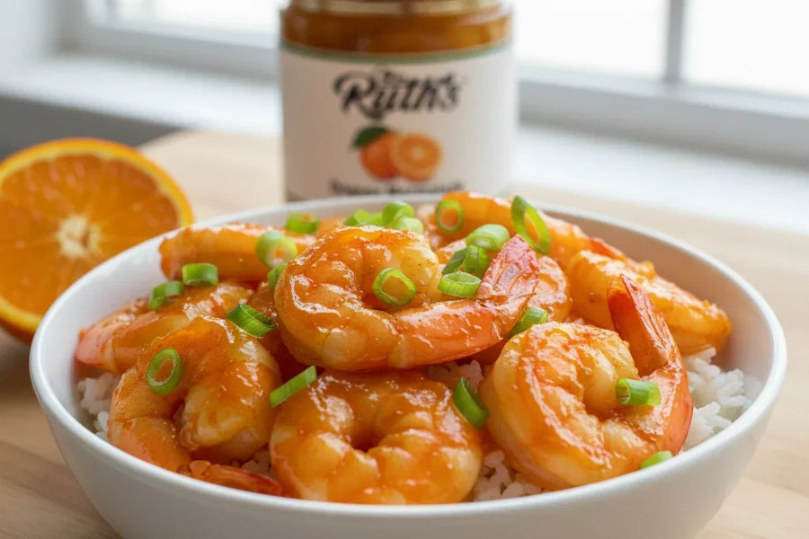 Plump shrimp in a glossy orange marmalade glaze with sliced green onions over jasmine rice, with Mrs. Ruth's Orange Marmalade jar visible in the background