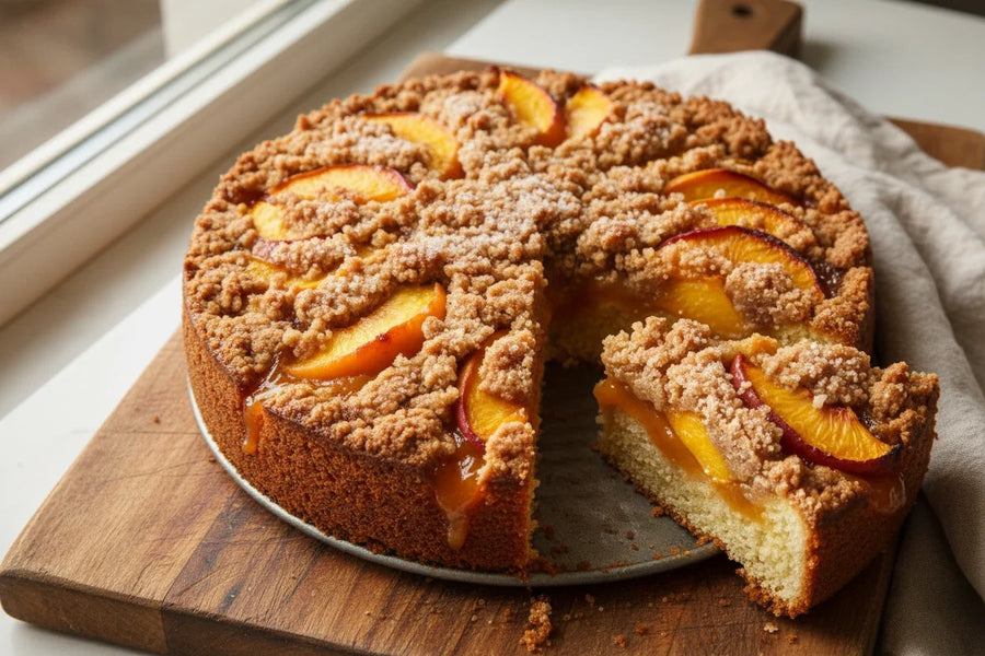 A round Mrs. Ruth's Peach Jam Coffee Cake with golden cinnamon crumb topping and fresh peach slices, one slice pulled away to reveal the jammy peach interior, on a rustic wood surface