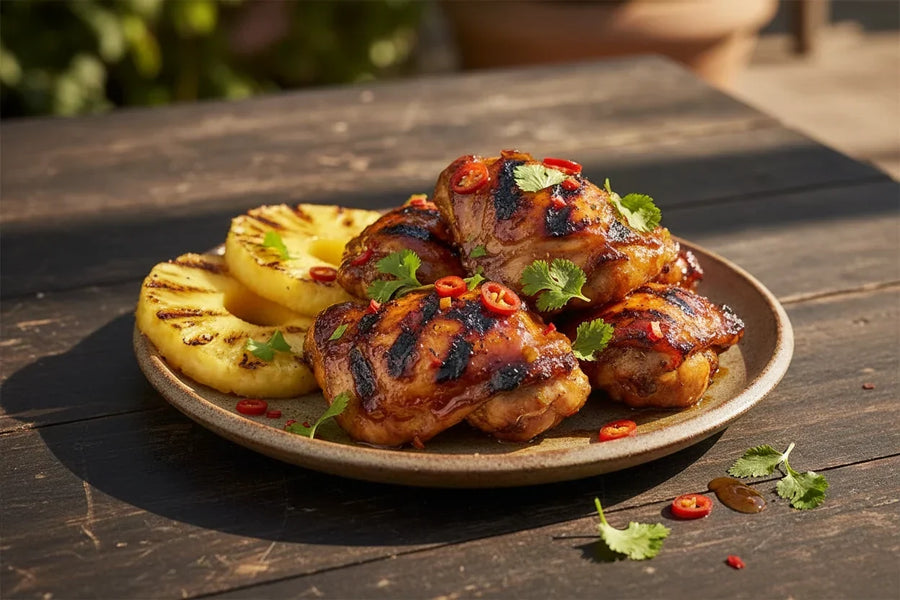 Grilled chicken thighs glazed with Mrs. Ruth's Roasted Pineapple Habanero Chutney, served on a ceramic plate with caramelized grilled pineapple rings and fresh herb garnish