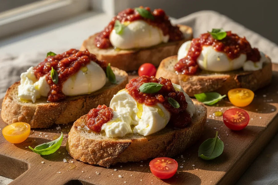 Toasted sourdough bruschetta topped with creamy torn burrata, Mrs. Ruth's Roasted Tomato Chutney, fresh basil leaves, a drizzle of olive oil, and flaky sea salt on a rustic wooden board