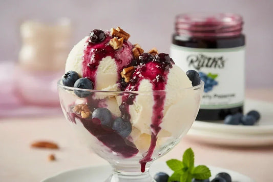 vanilla ice cream with blueberry topping