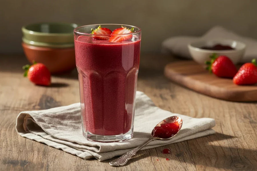 A deep red strawberry jam smoothie in a clear glass garnished with fresh strawberries, served alongside a jar of Mrs. Ruth's Simply Strawberry Jam on a warm rustic surface with a linen napkin