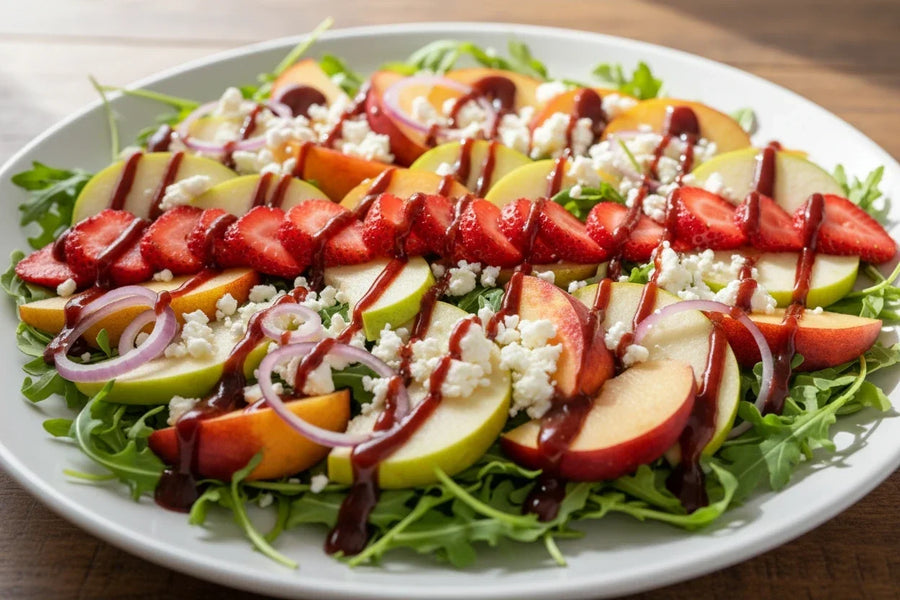 Spring mix, apples, and feta drizzled with Mrs. Ruth's Balsamic Strawberry Jam