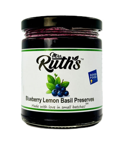 Jar of Mrs. Ruth's Blueberry Lemon Basil Preserves on a white background