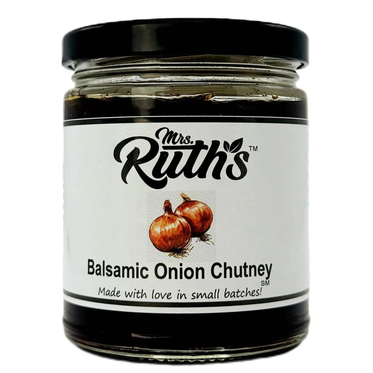 A glass jar of Mrs. Ruth's Balsamic Onion Chutney with a black lid and a white label featuring an illustration of two onions.