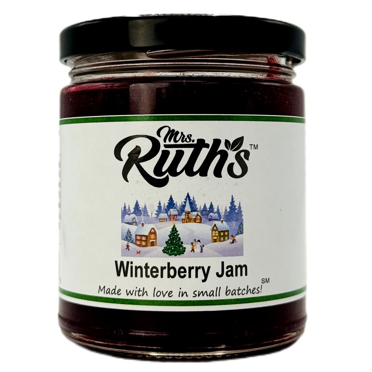 A jar of Mrs. Ruth's Winterberry Jam with a black lid and a white label featuring a winter village illustration, set against a plain white background.