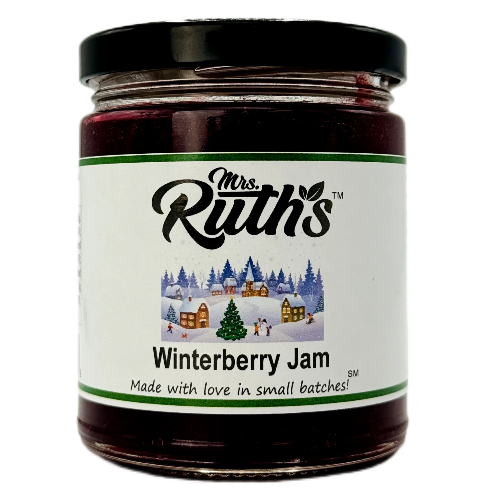 A jar of Mrs. Ruth's Winterberry Jam with a black lid and a white label featuring a winter village illustration, set against a plain white background.